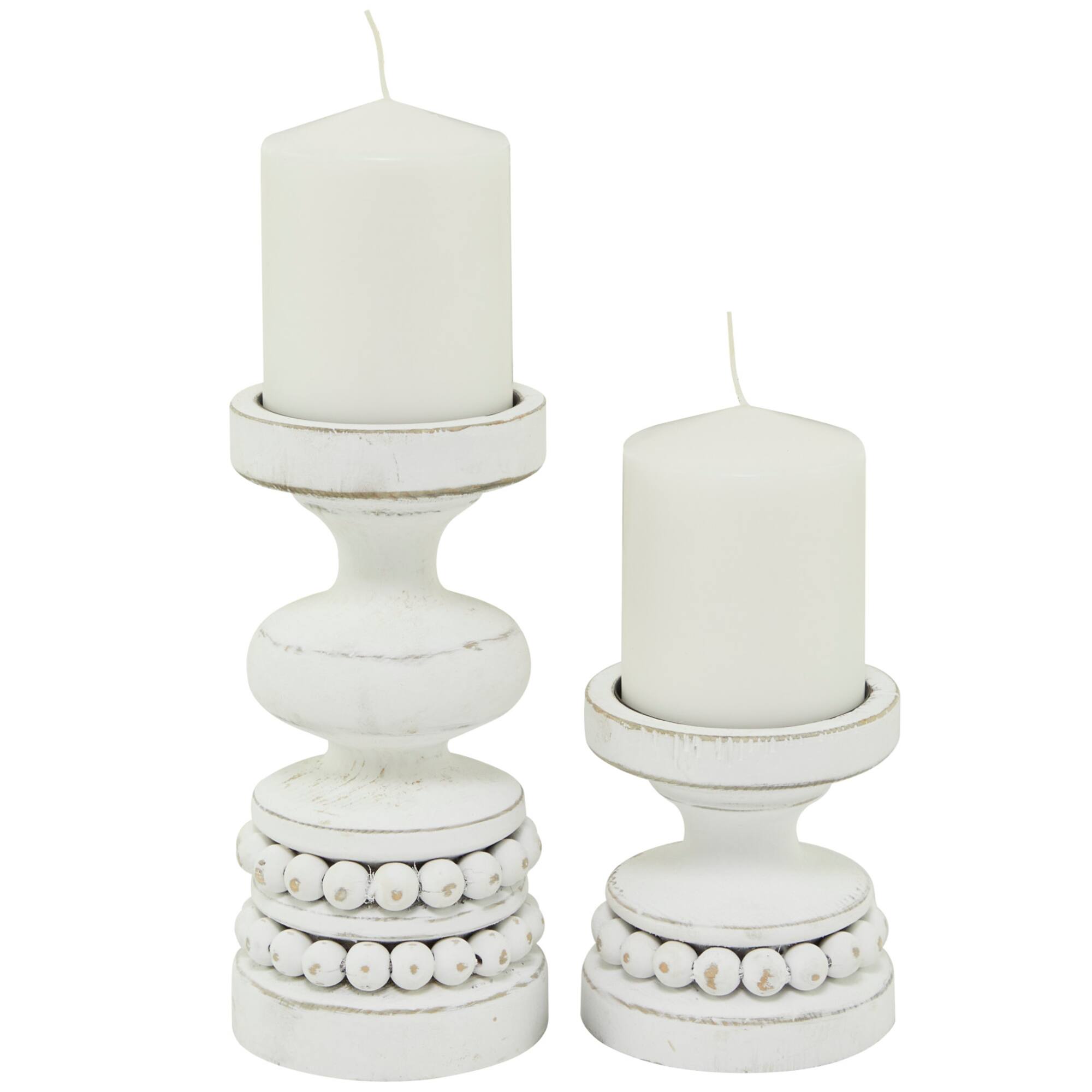 White Wood Beaded Pillar Candle Holder Set